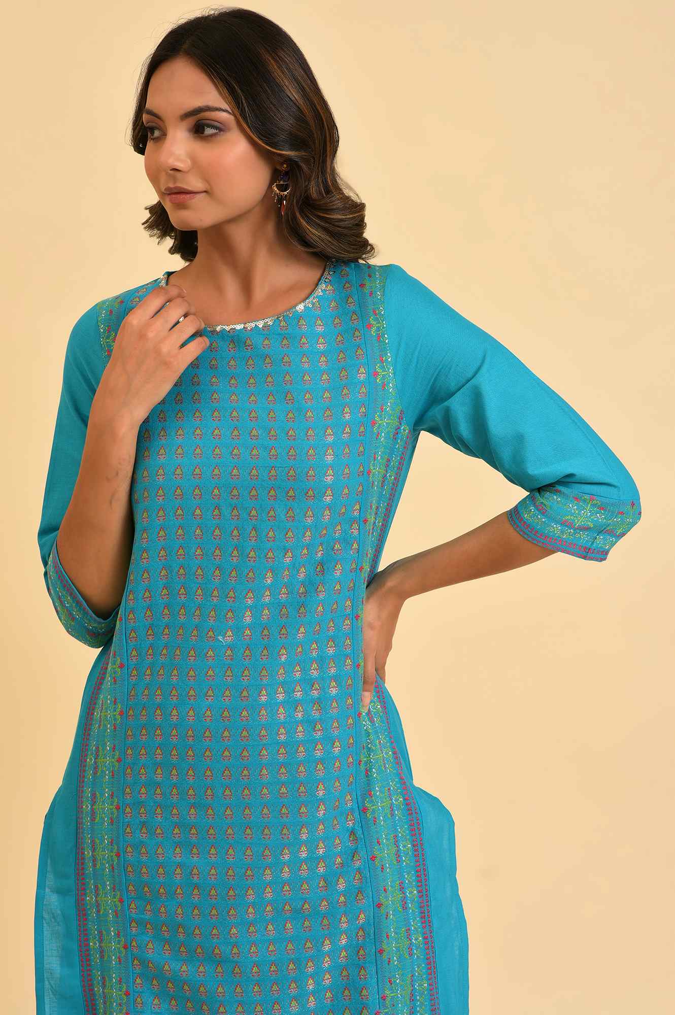 W for Woman Blue Round Neck Dobby Kurta with Sequins