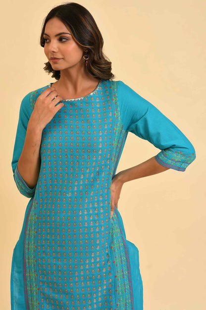W for Woman Blue Round Neck Dobby Kurta with Sequins
