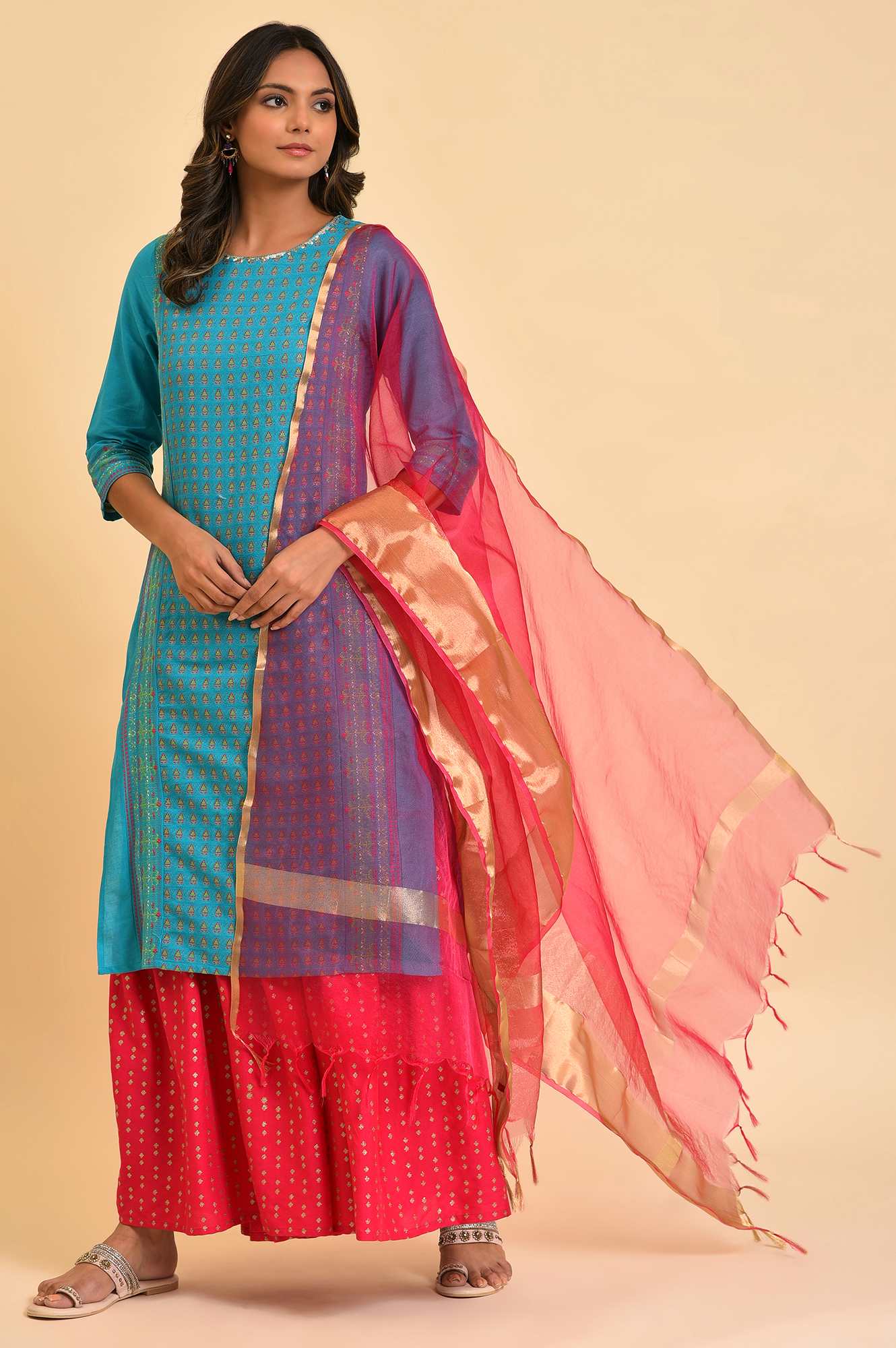 W for Woman Blue Round Neck Dobby Kurta with Sequins