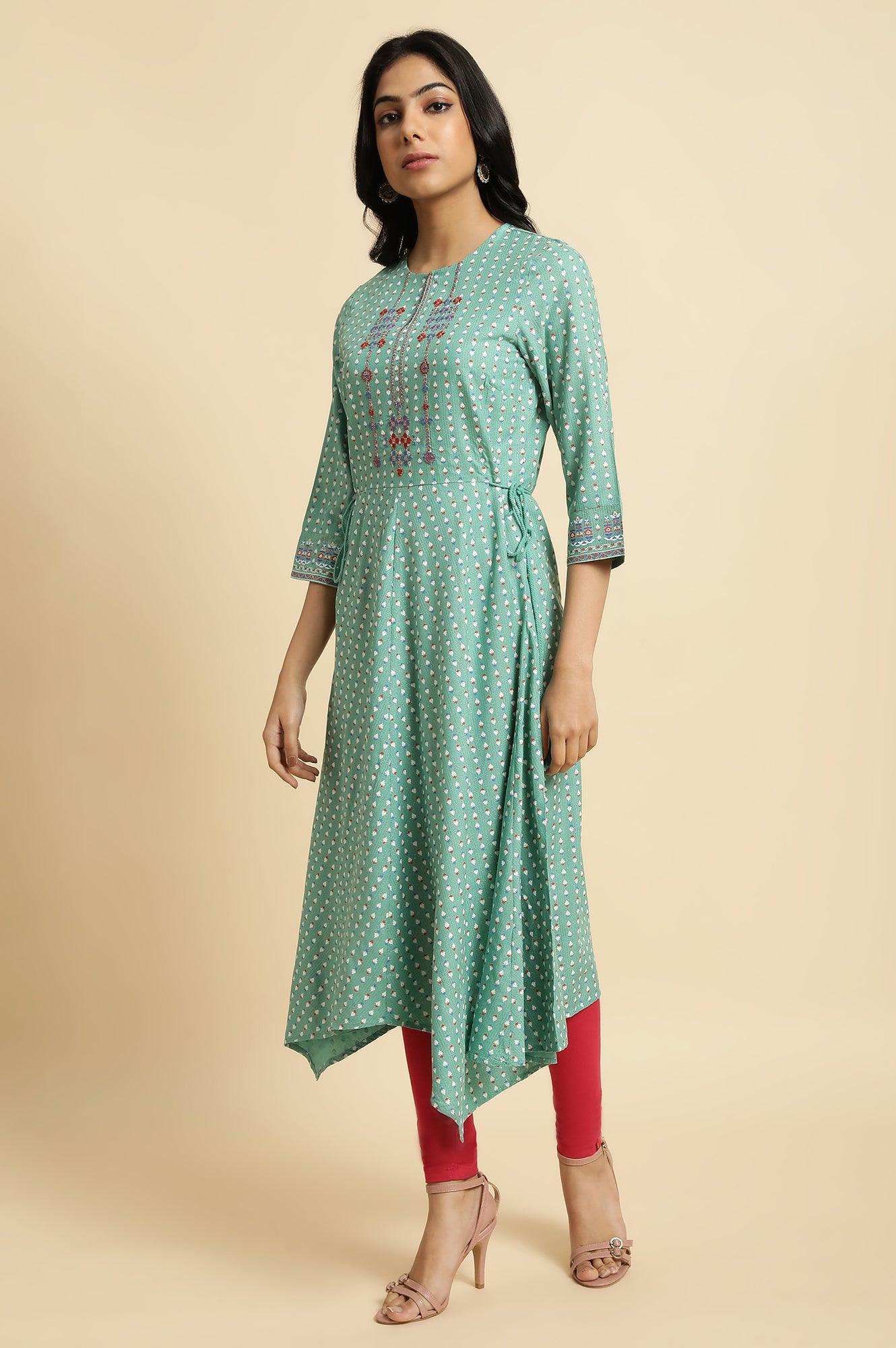 W for Woman Green Embroidered Asymmetric kurta