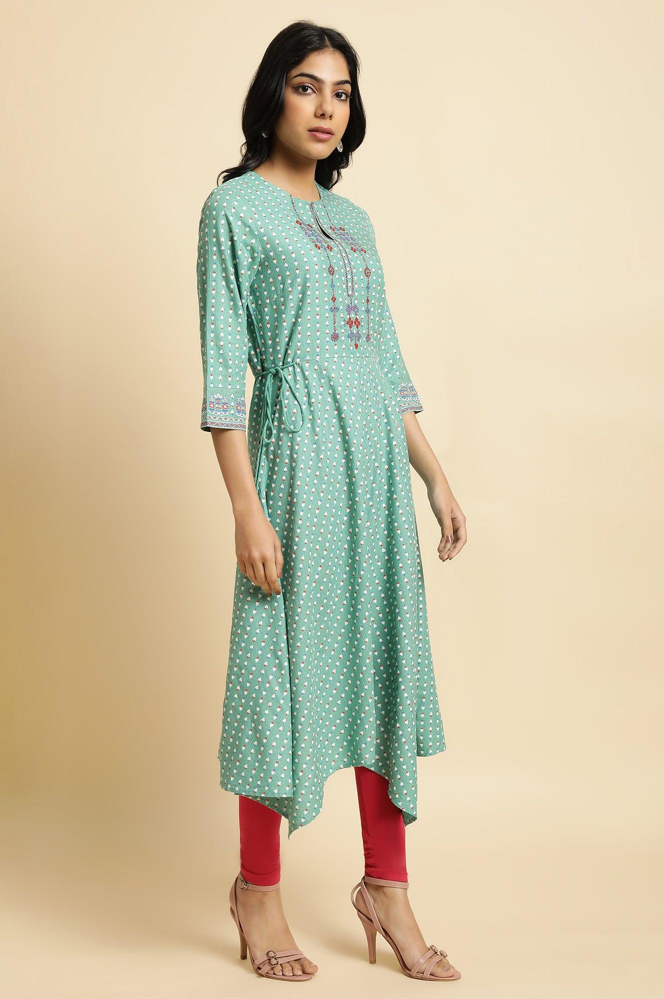 W for Woman Green Embroidered Asymmetric kurta