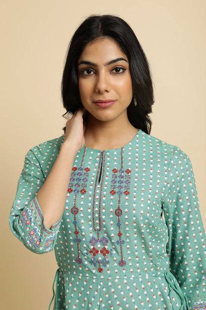 W for Woman Light Green Geometric Printed Flared Kurta with Slim Pant Set
