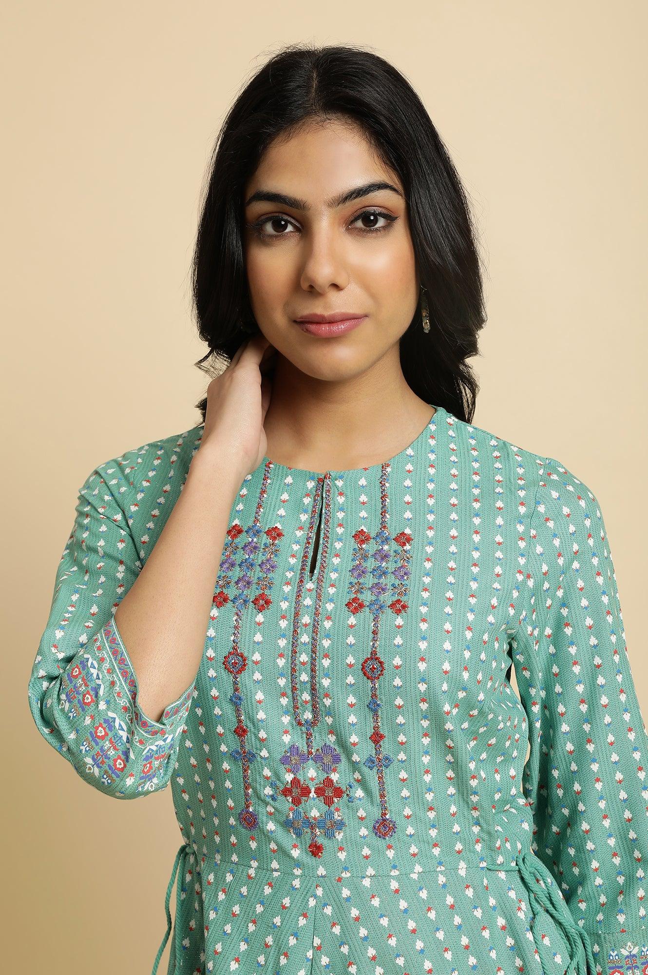 W for Woman Green Embroidered Asymmetric kurta