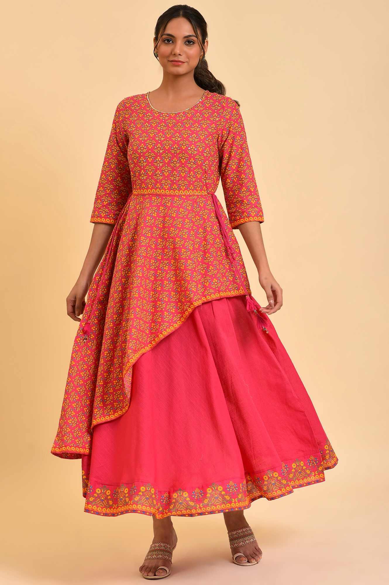 W for Woman Pink Printed Asymmetrical Festive Dress