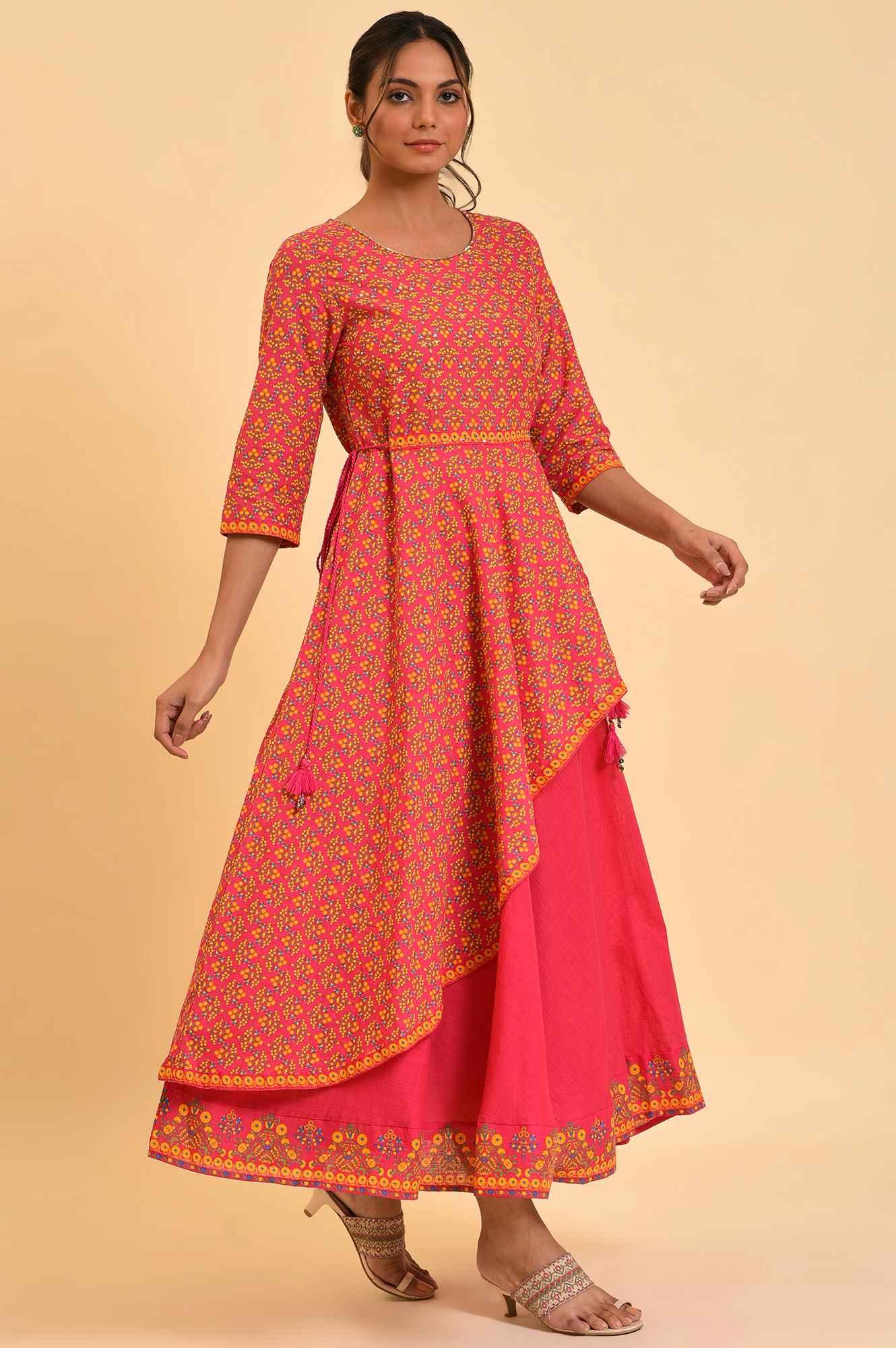W for Woman Pink Printed Asymmetrical Festive Dress