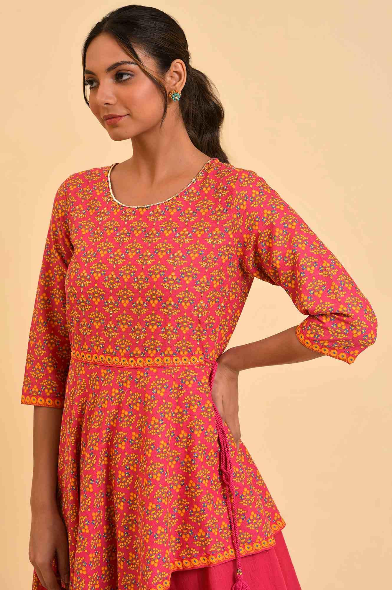 W for Woman Pink Printed Asymmetrical Festive Dress
