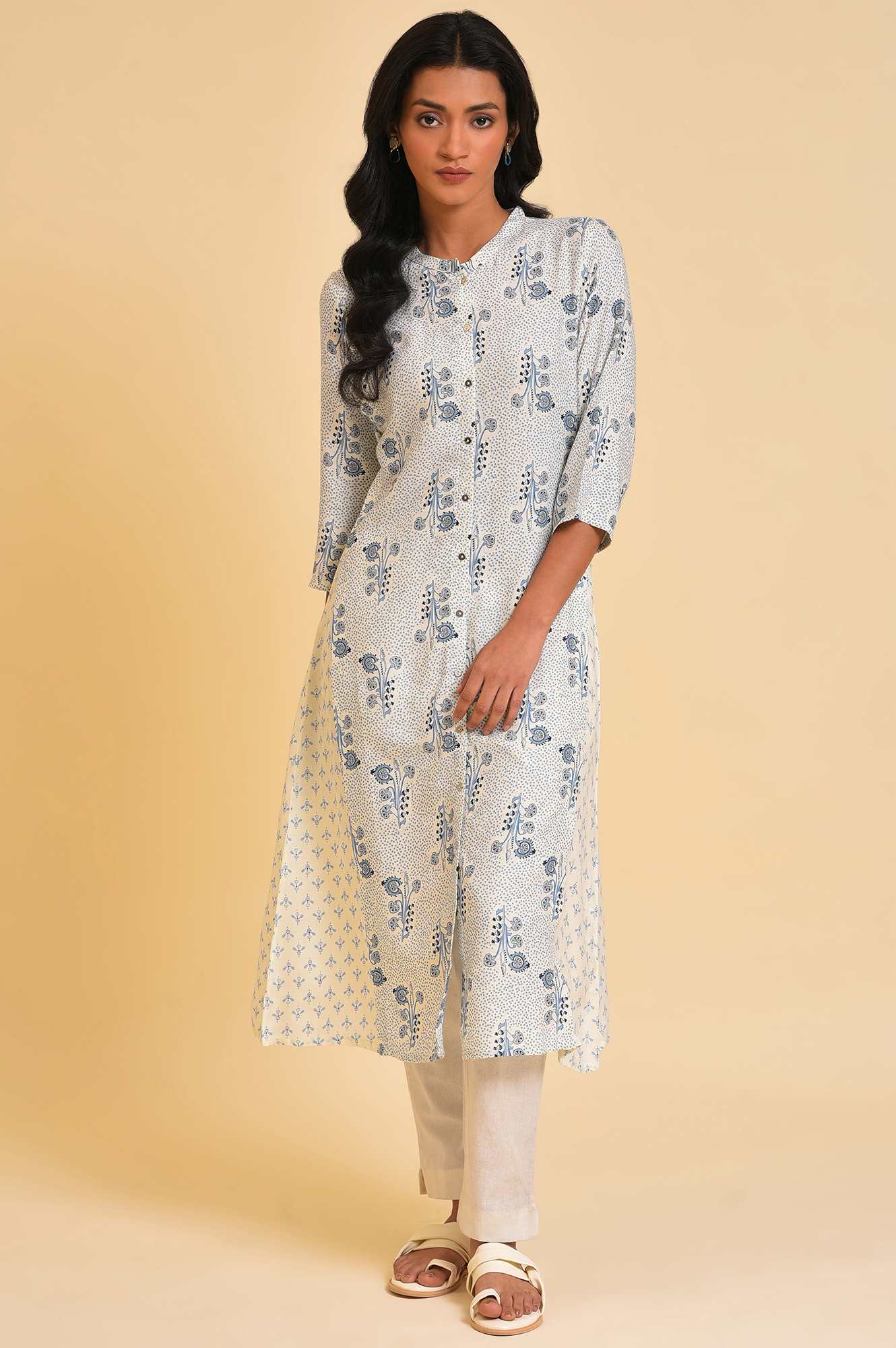 W for Woman White Printed Button Down Kurta