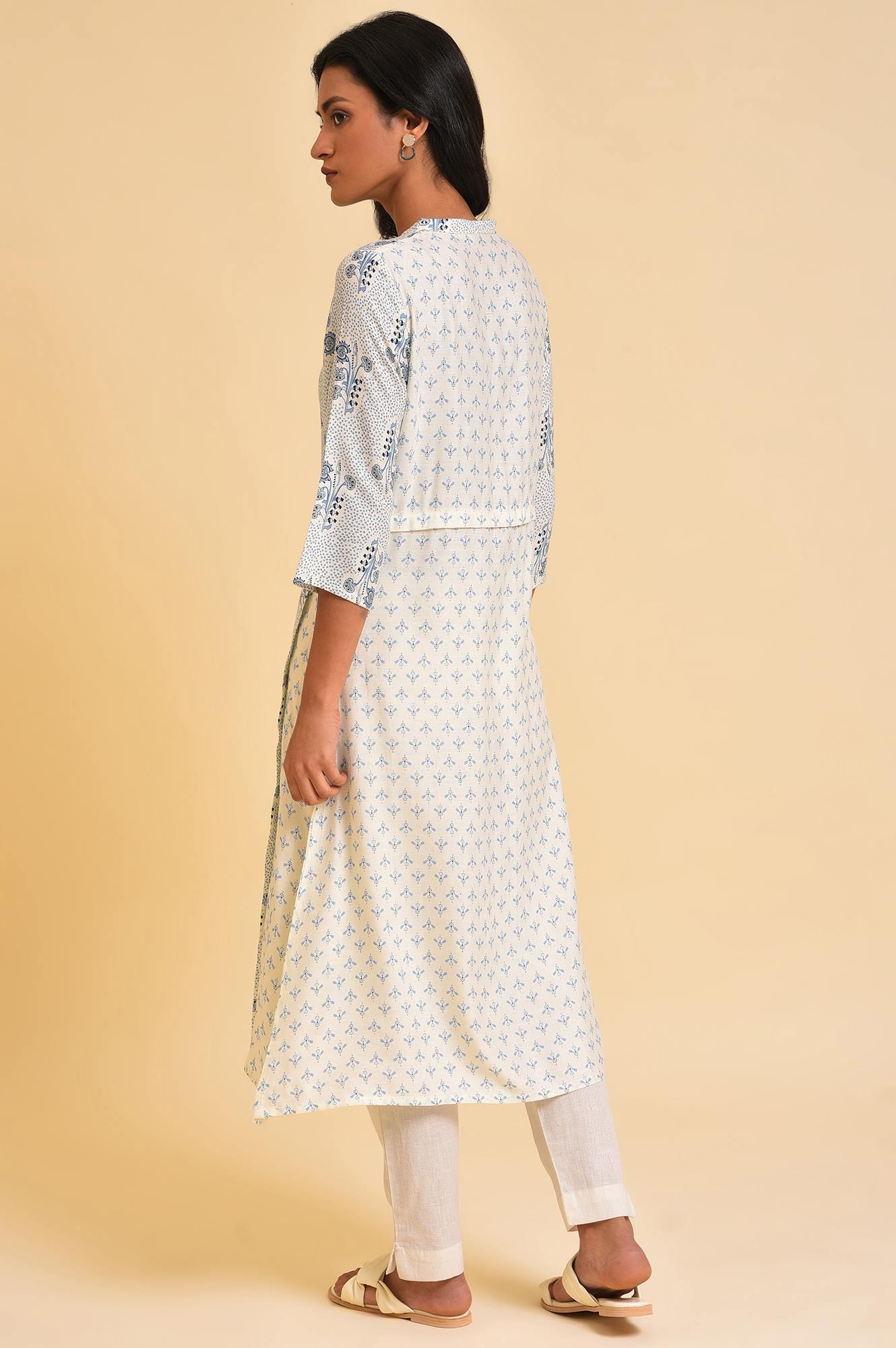 W for Woman White Cotton Printed Button-Down Kurta