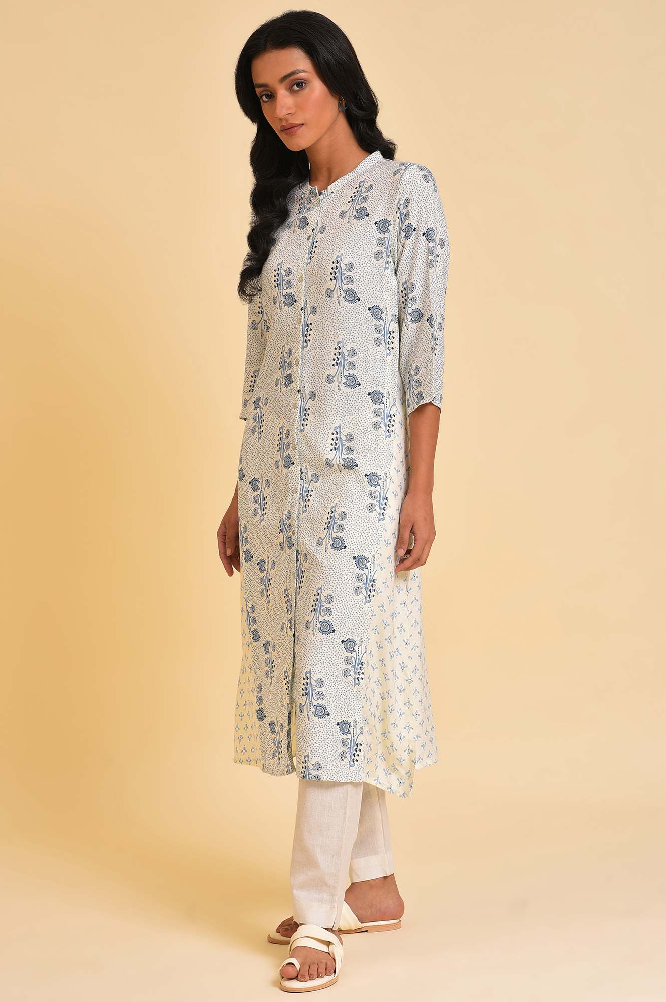 W for Woman White Printed Button Down Kurta