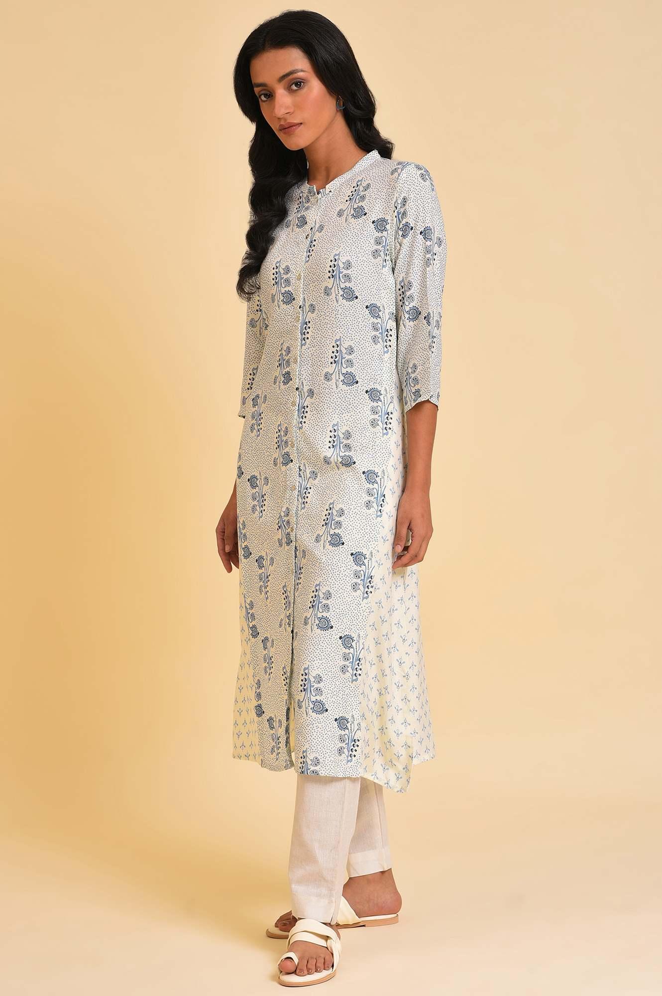W for Woman White Cotton Printed Button-Down Kurta