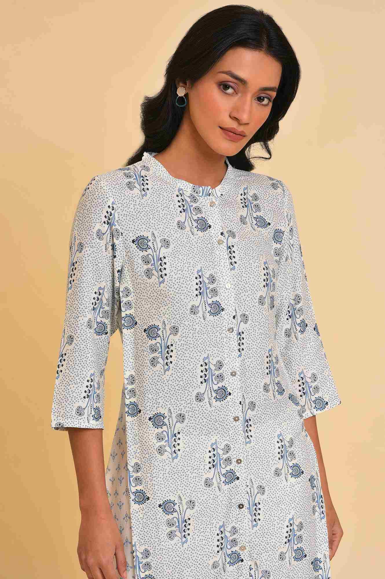 W for Woman White Cotton Printed Button-Down Kurta