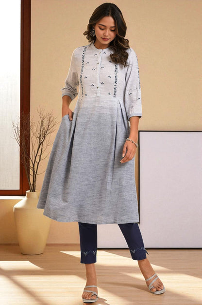W for Woman Grey And Blue Ombre A-Line Embroidered kurta