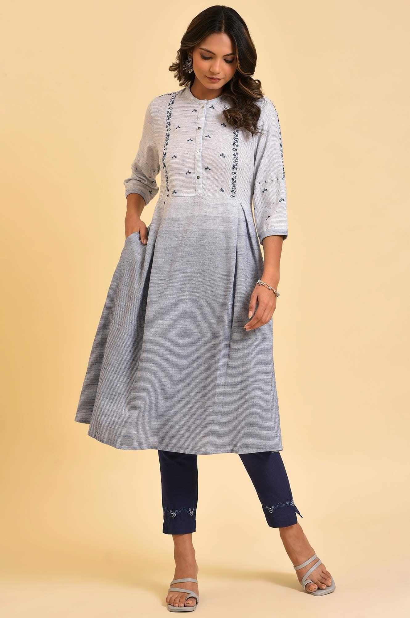 W for Woman Grey And Blue Ombre A-Line Embroidered kurta