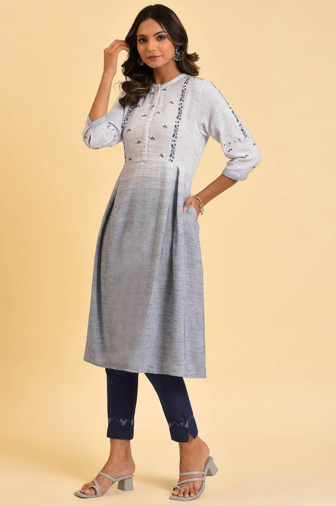 W for Woman Grey And Blue Ombre A-Line Embroidered kurta