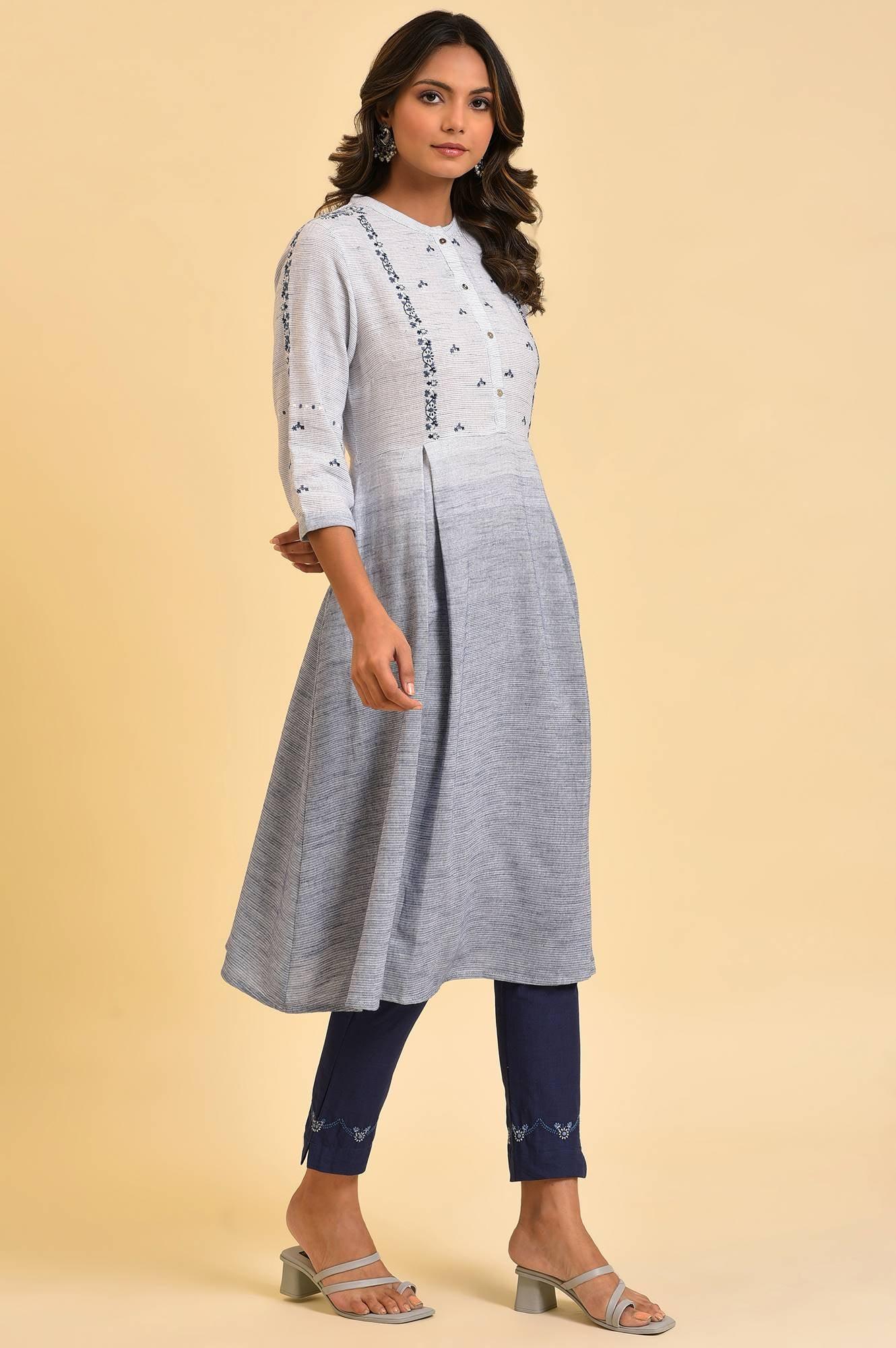 W for Woman Grey And Blue Ombre A-Line Embroidered kurta