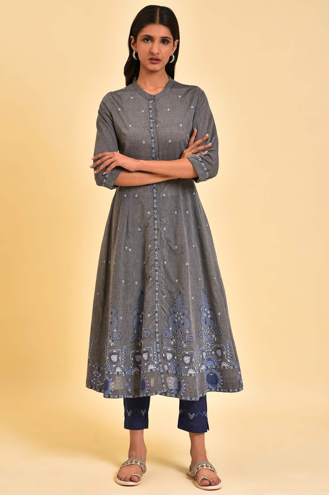 W for Woman Grey Flared Printed kurta