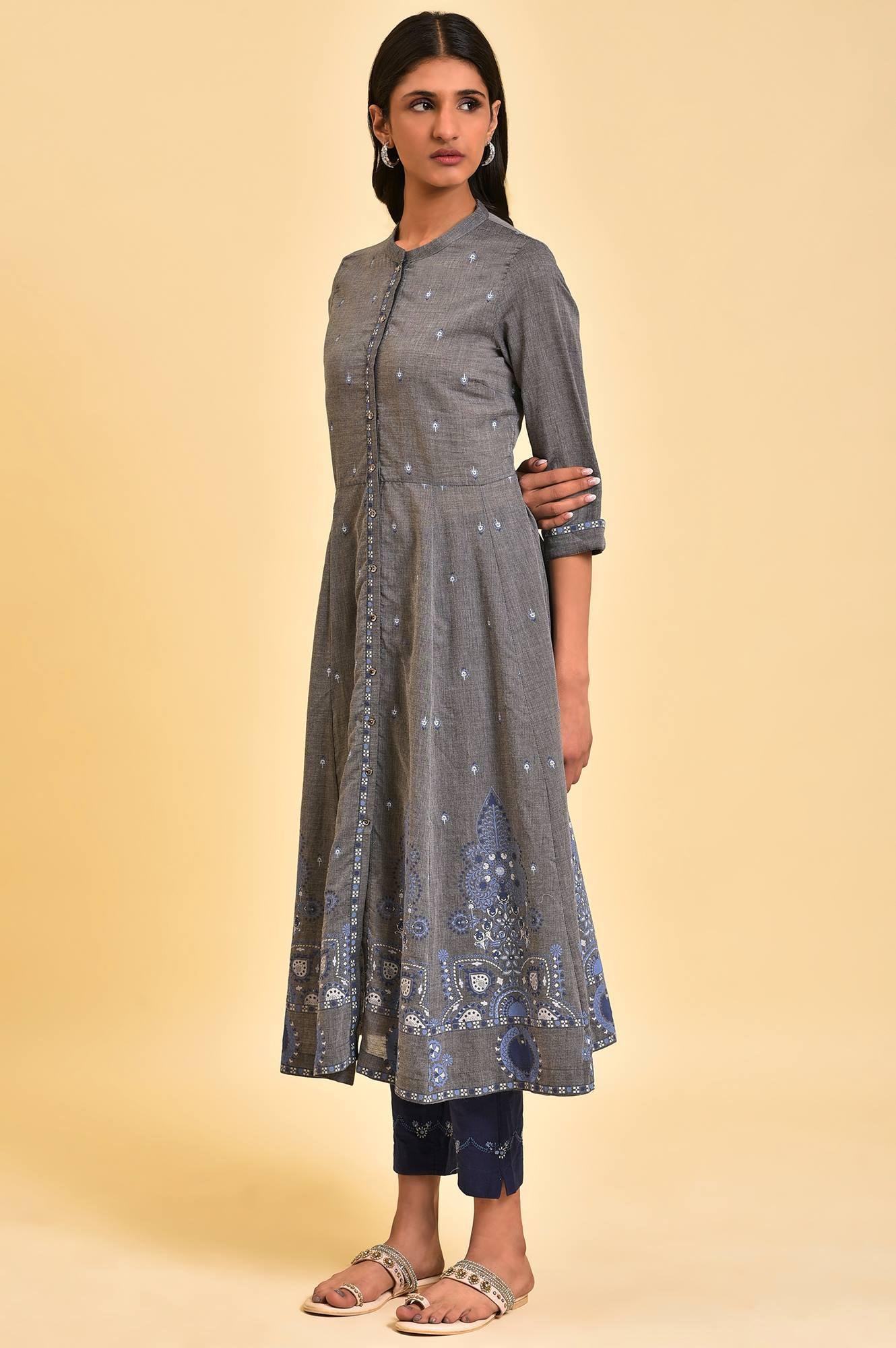 W for Woman Grey Flared Printed kurta