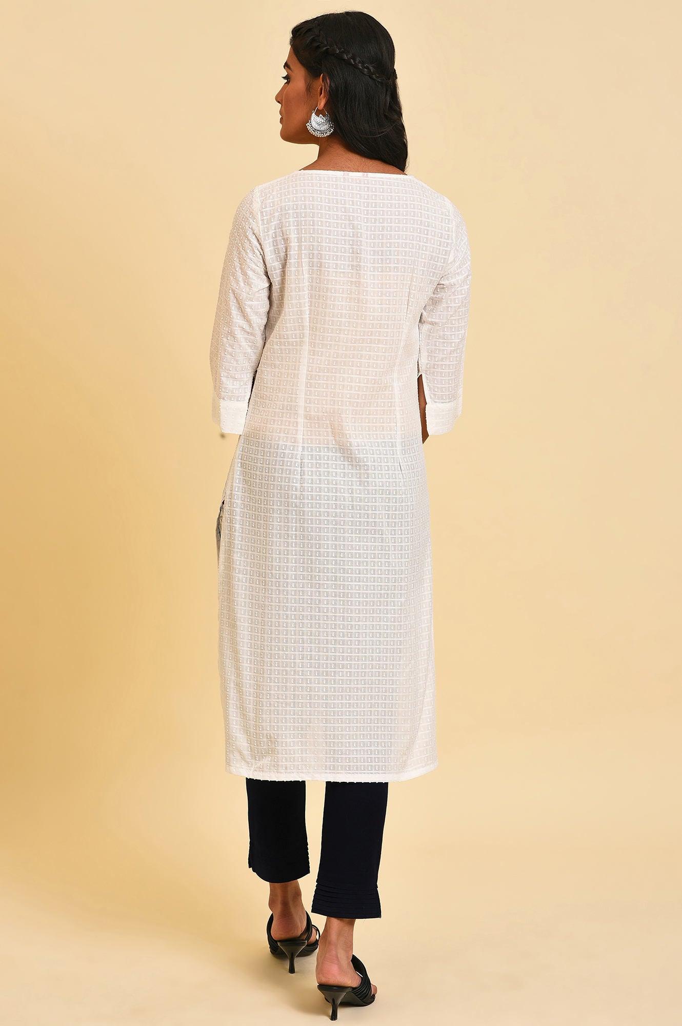 W for Woman White Placement Print Dobby kurta