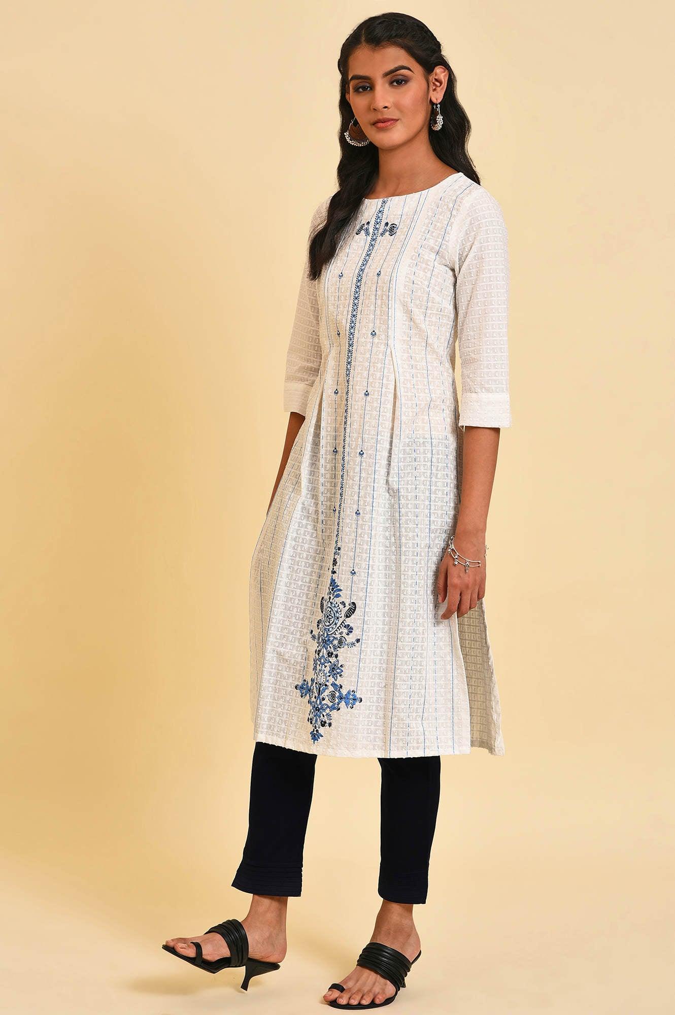 W for Woman White Placement Print Dobby kurta
