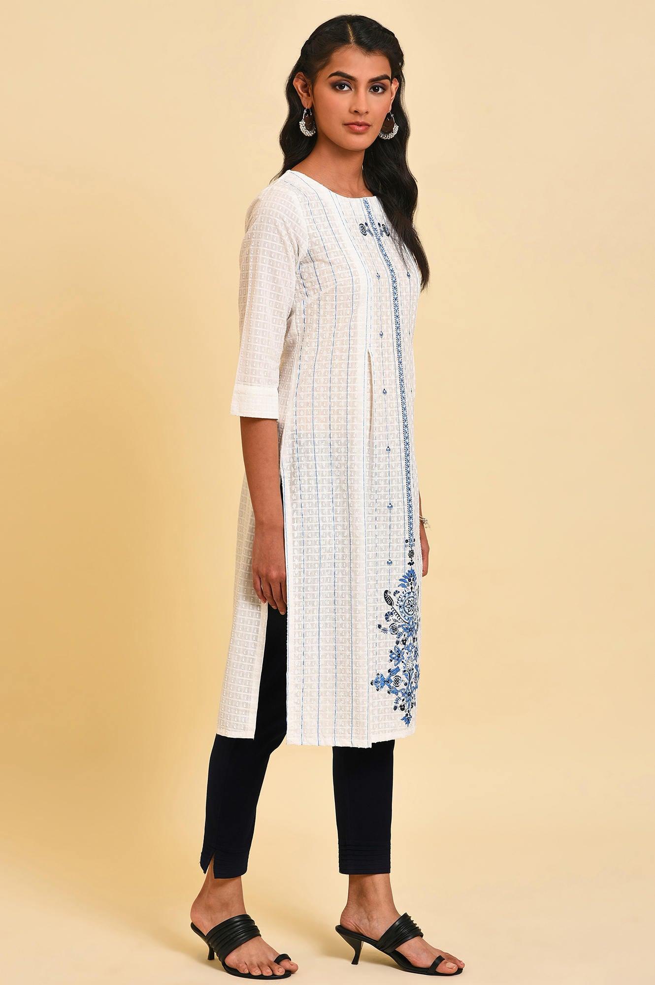 W for Woman White Placement Print Dobby kurta