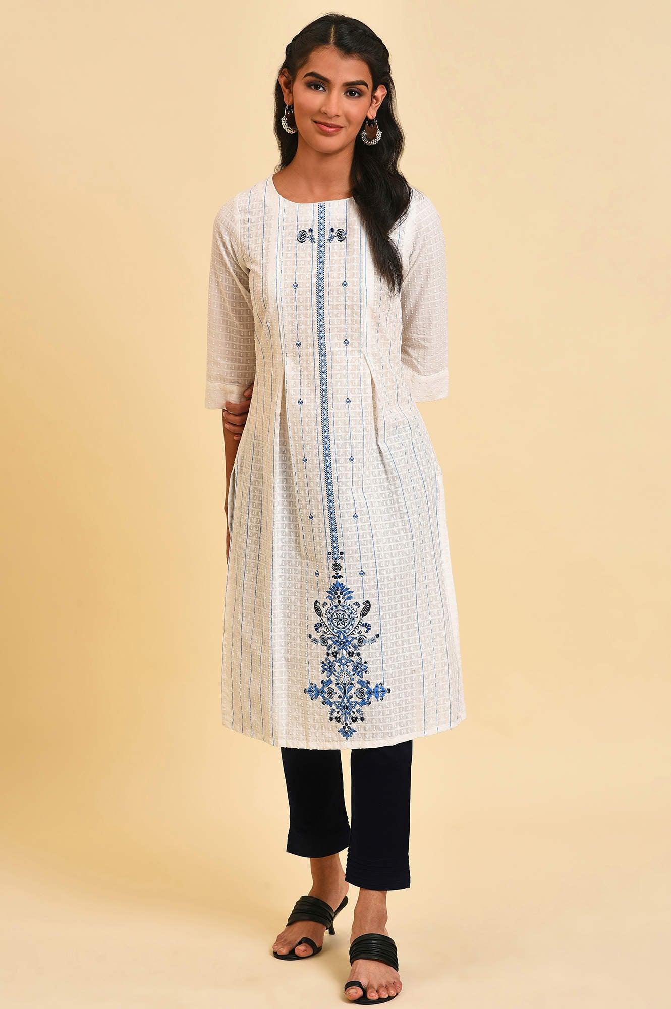 W for Woman White Placement Print Dobby kurta