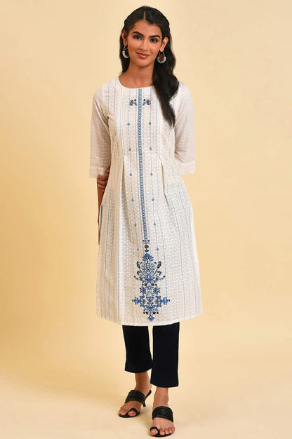 W for Woman White Placement Print Dobby kurta