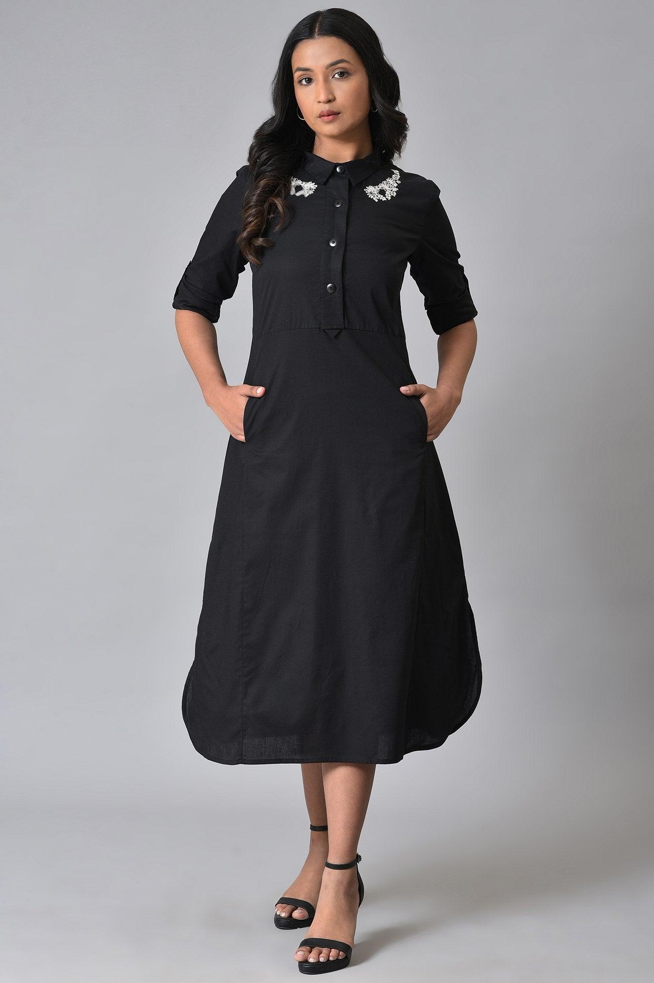 W for Woman Black Cotton Embroidered Shirt Dress