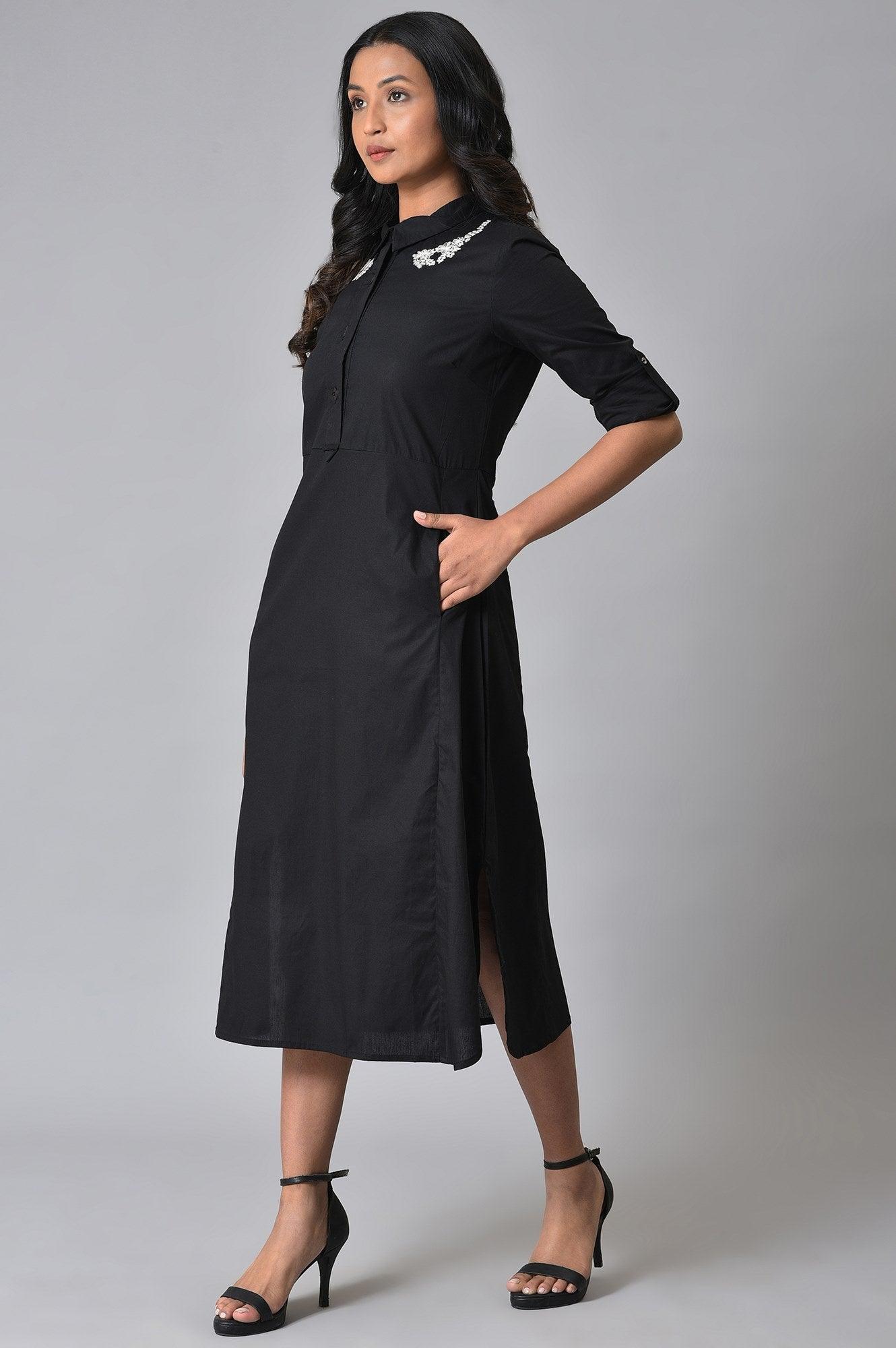 W for Woman Black Cotton Embroidered Shirt Dress