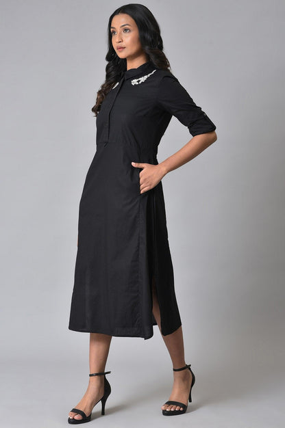 W for Woman Black Cotton Embroidered Shirt Dress