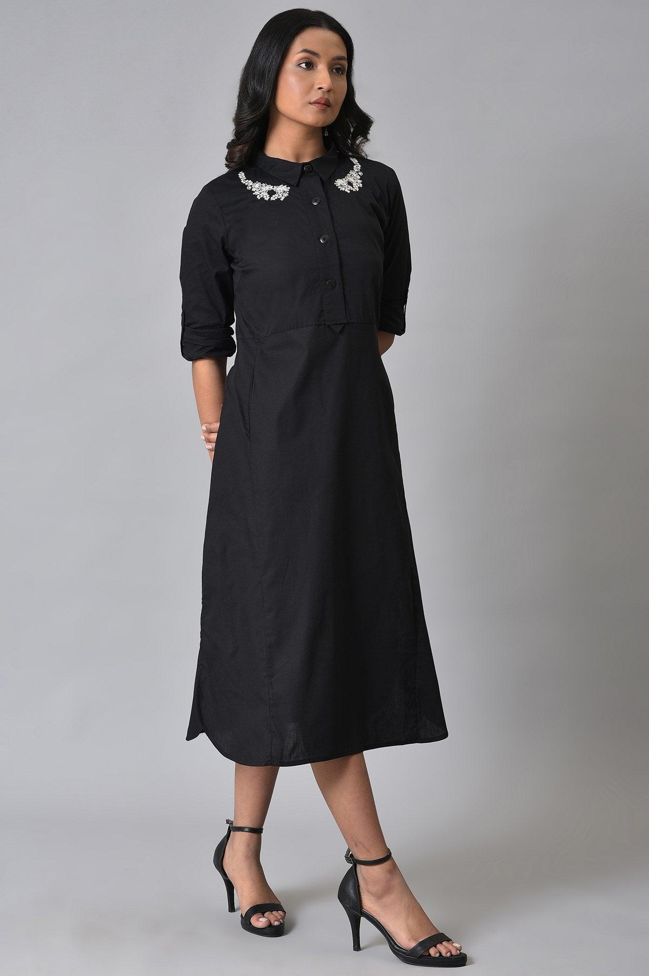 W for Woman Black Cotton Embroidered Shirt Dress