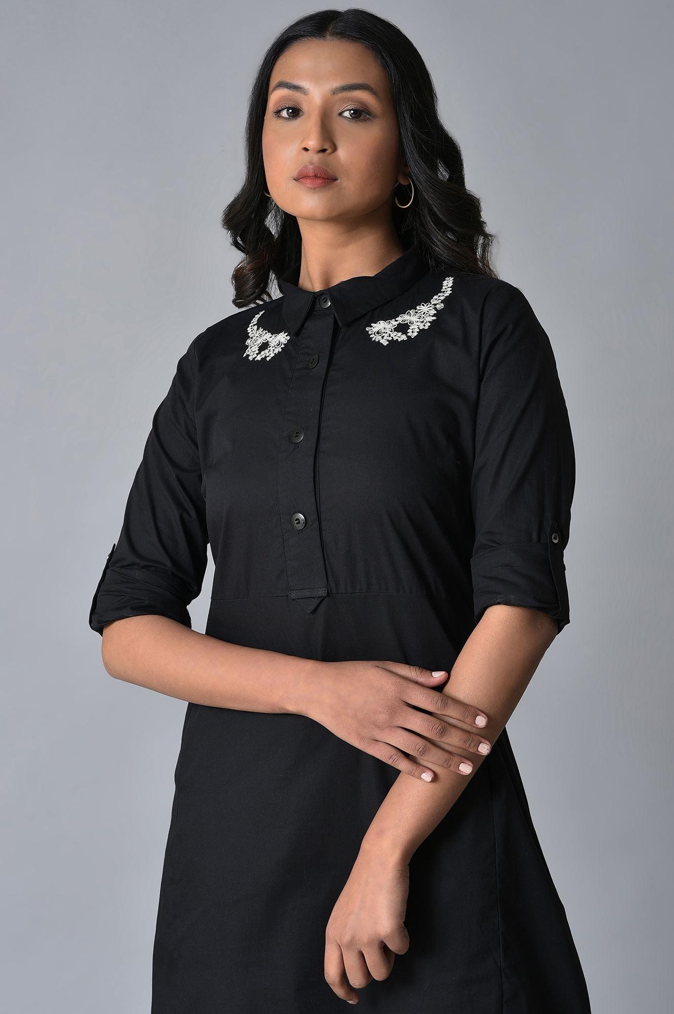 W for Woman Black Cotton Embroidered Shirt Dress