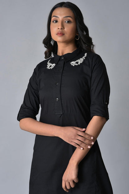 W for Woman Black Cotton Embroidered Shirt Dress