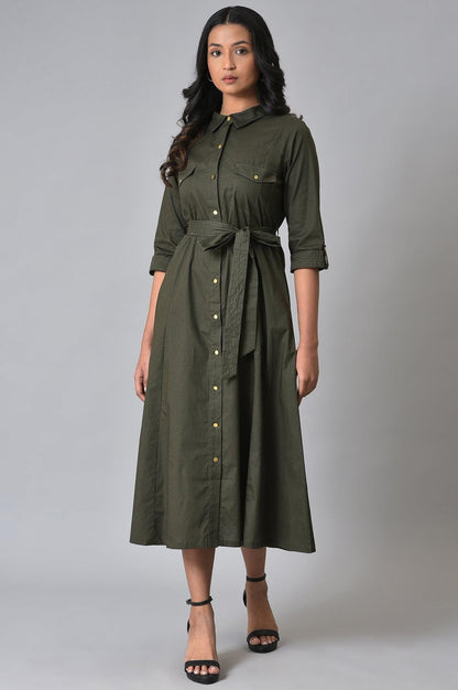 W for Woman Olive Green Collared Belted Western Dress