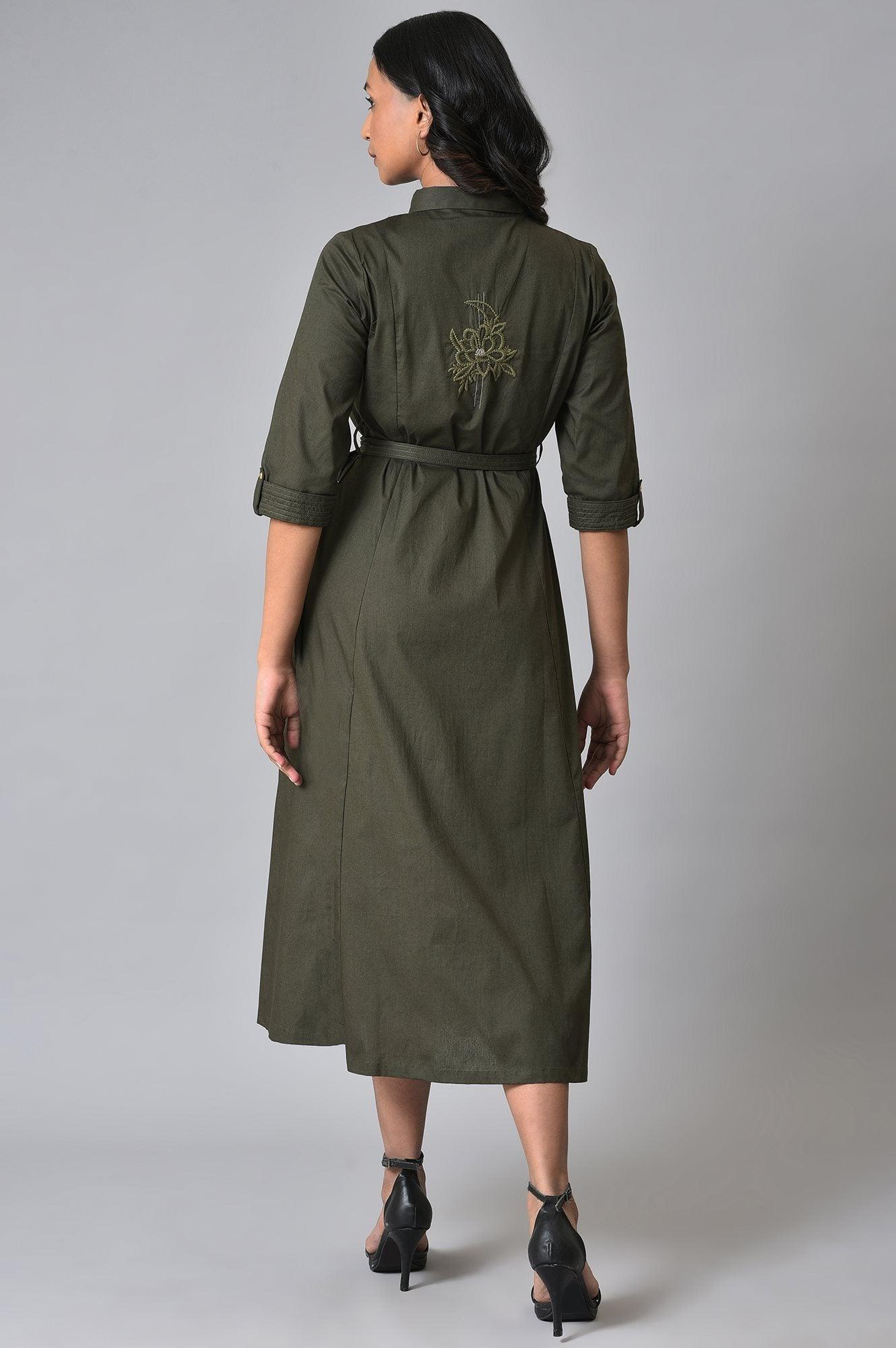 W for Woman Olive Green Collared Belted Western Dress