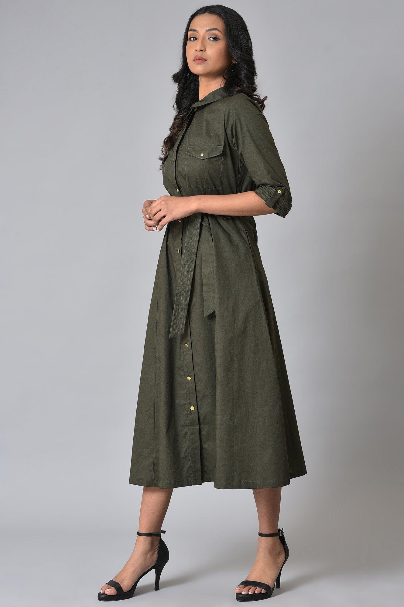 W for Woman Olive Green Collared Belted Western Dress
