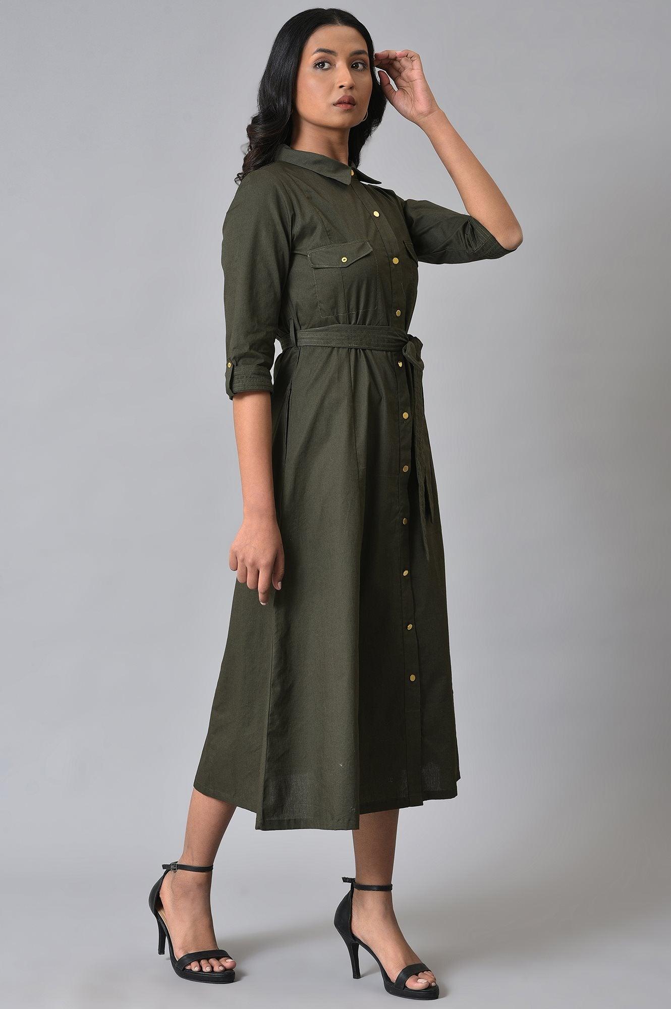 W for Woman Olive Green Collared Belted Western Dress