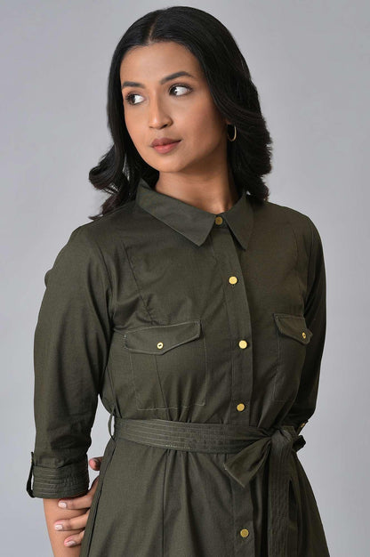 W for Woman Olive Green Collared Belted Western Dress