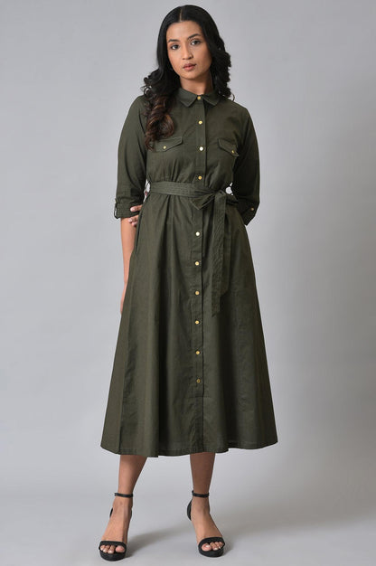 W for Woman Olive Green Collared Belted Western Dress