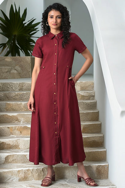 W for Woman Maroon Cotton Western Summer Shirt Dress for Women