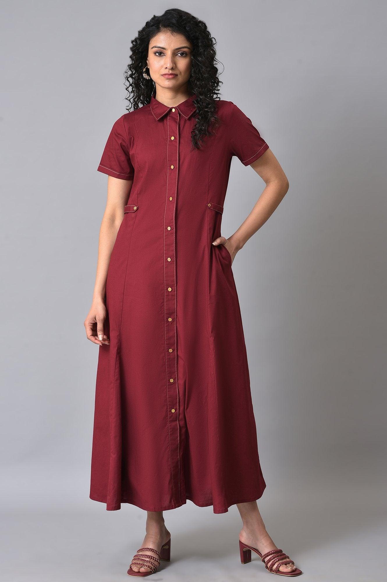 W for Woman Maroon Cotton Western Summer Shirt Dress for Women