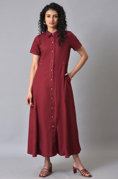 W for Woman Maroon Cotton Western Summer Shirt Dress for Women