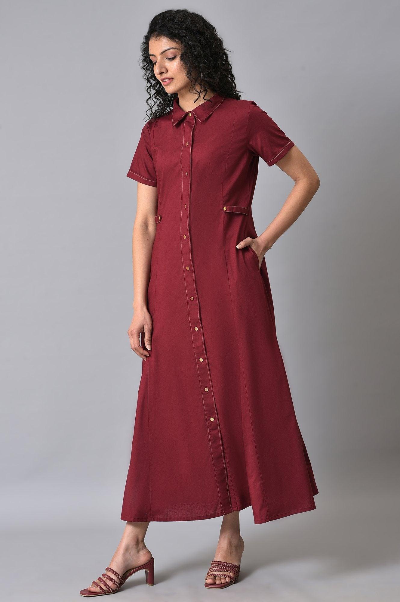 W for Woman Maroon Cotton Western Summer Shirt Dress for Women