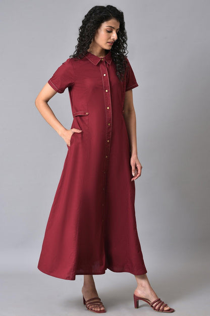 W for Woman Maroon Cotton Western Summer Shirt Dress for Women