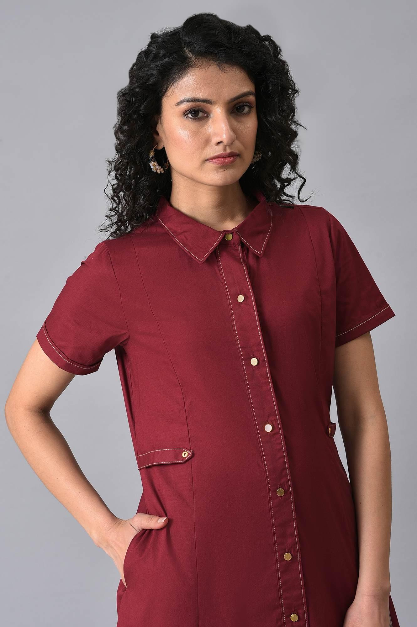 W for Woman Maroon Cotton Western Summer Shirt Dress for Women