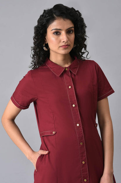 W for Woman Maroon Cotton Western Summer Shirt Dress for Women