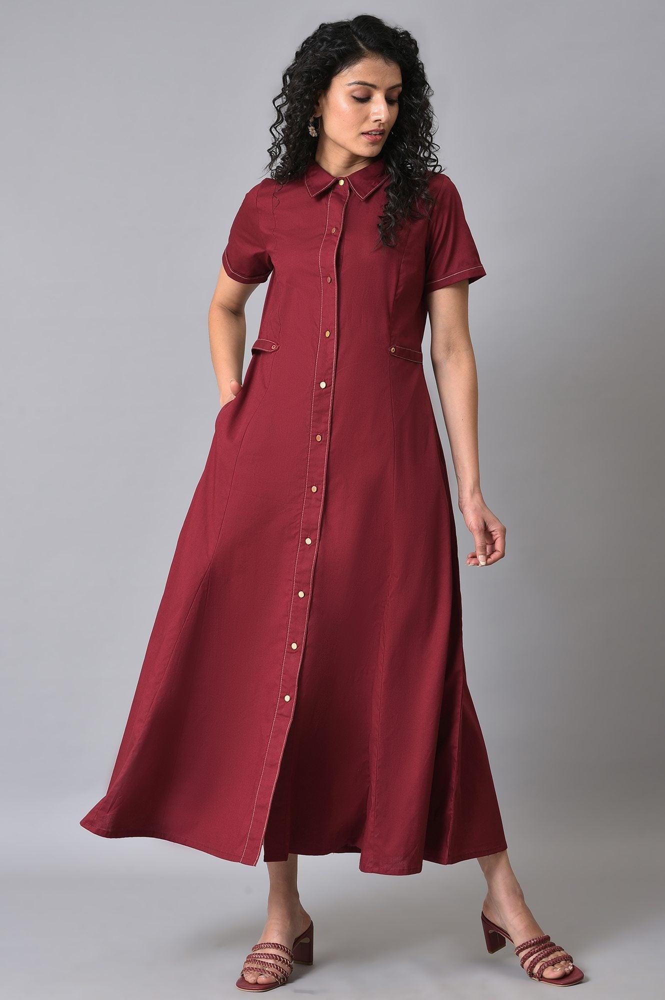 W for Woman Maroon Cotton Western Summer Shirt Dress for Women