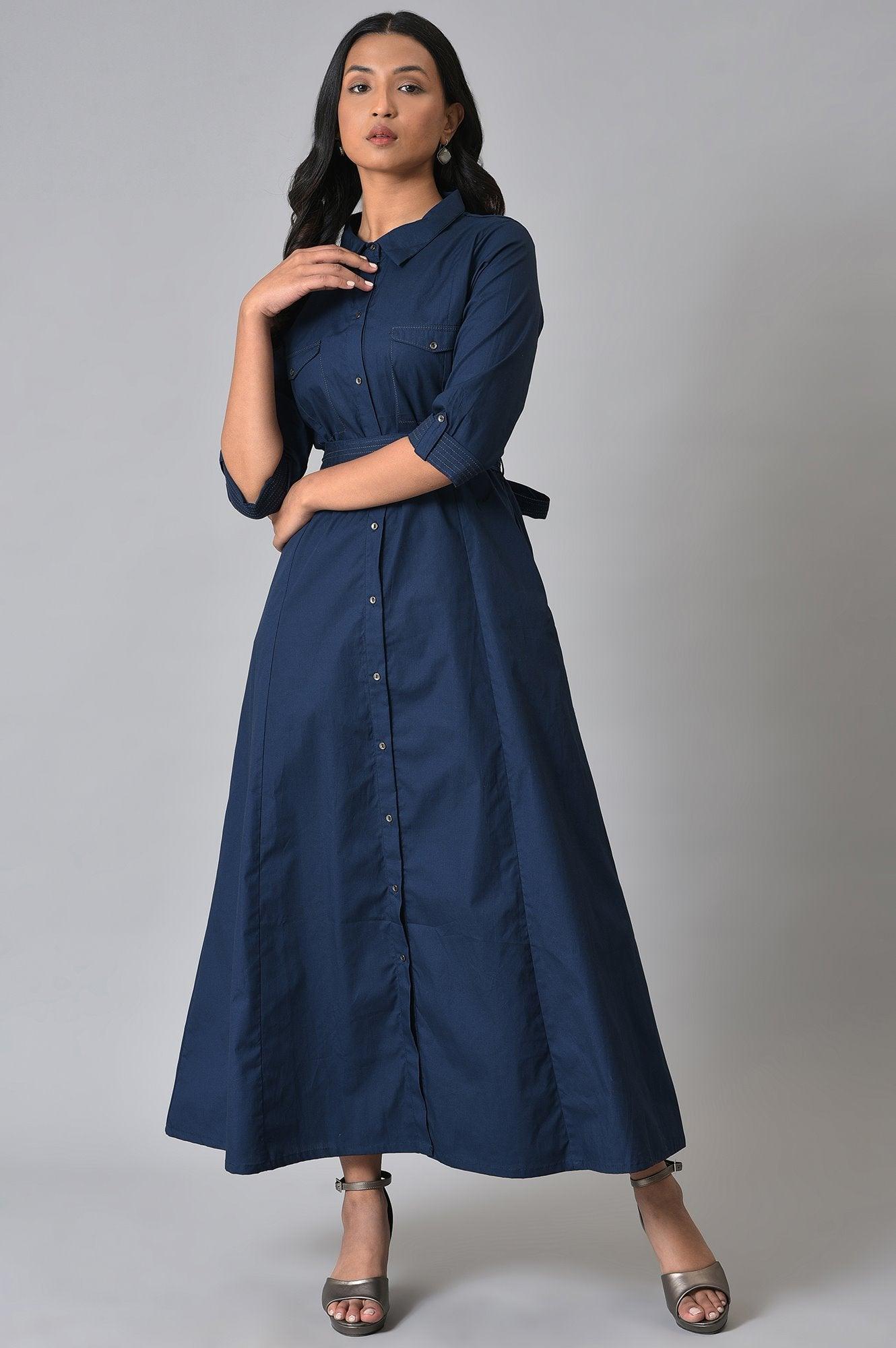 W for Woman Navy Blue Long Shirt Western Dress with Belt for Women