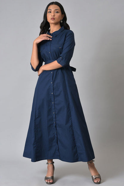 W for Woman Navy Blue Long Shirt Western Dress with Belt for Women