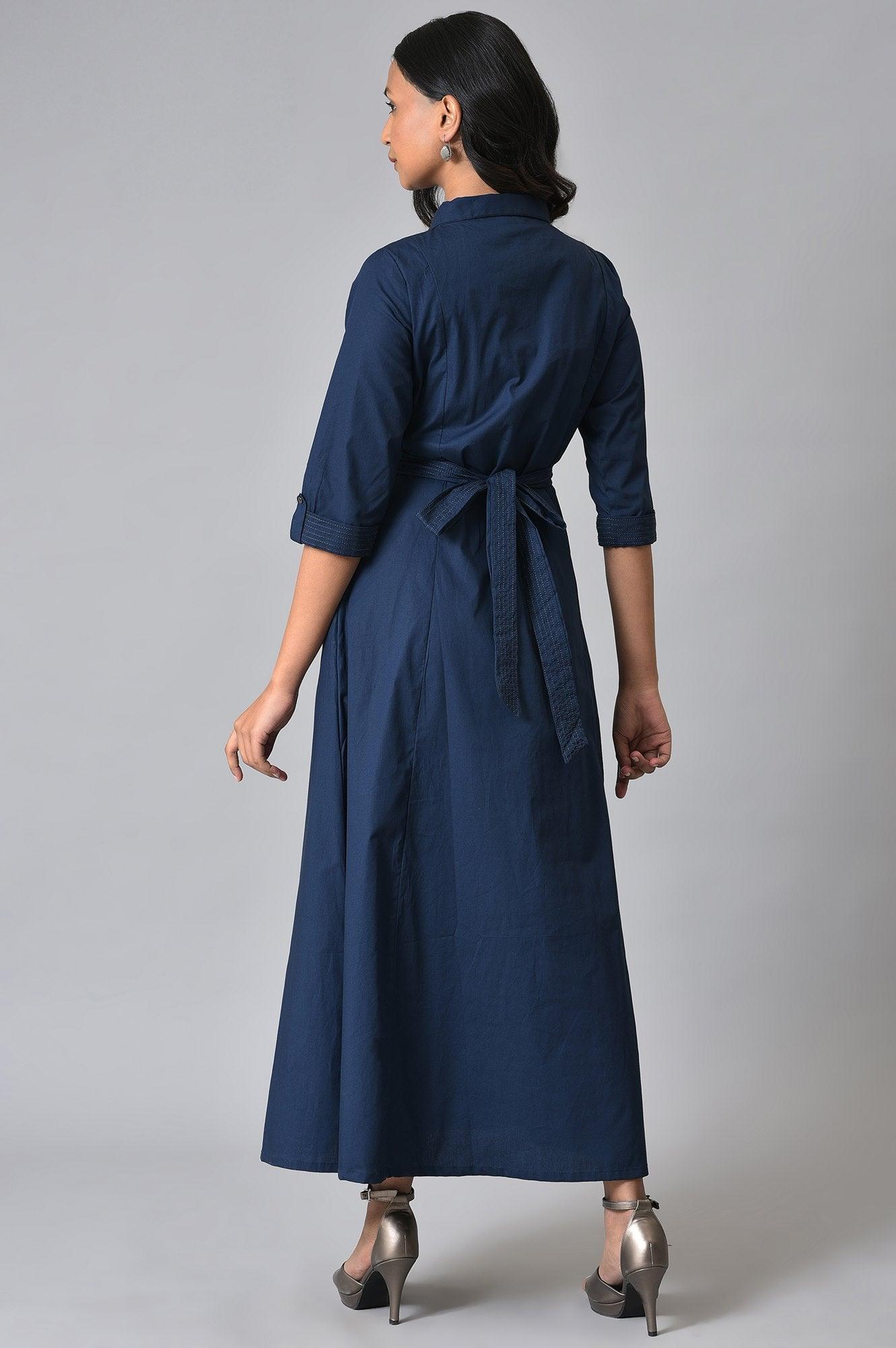 W for Woman Navy Blue Long Shirt Western Dress with Belt for Women