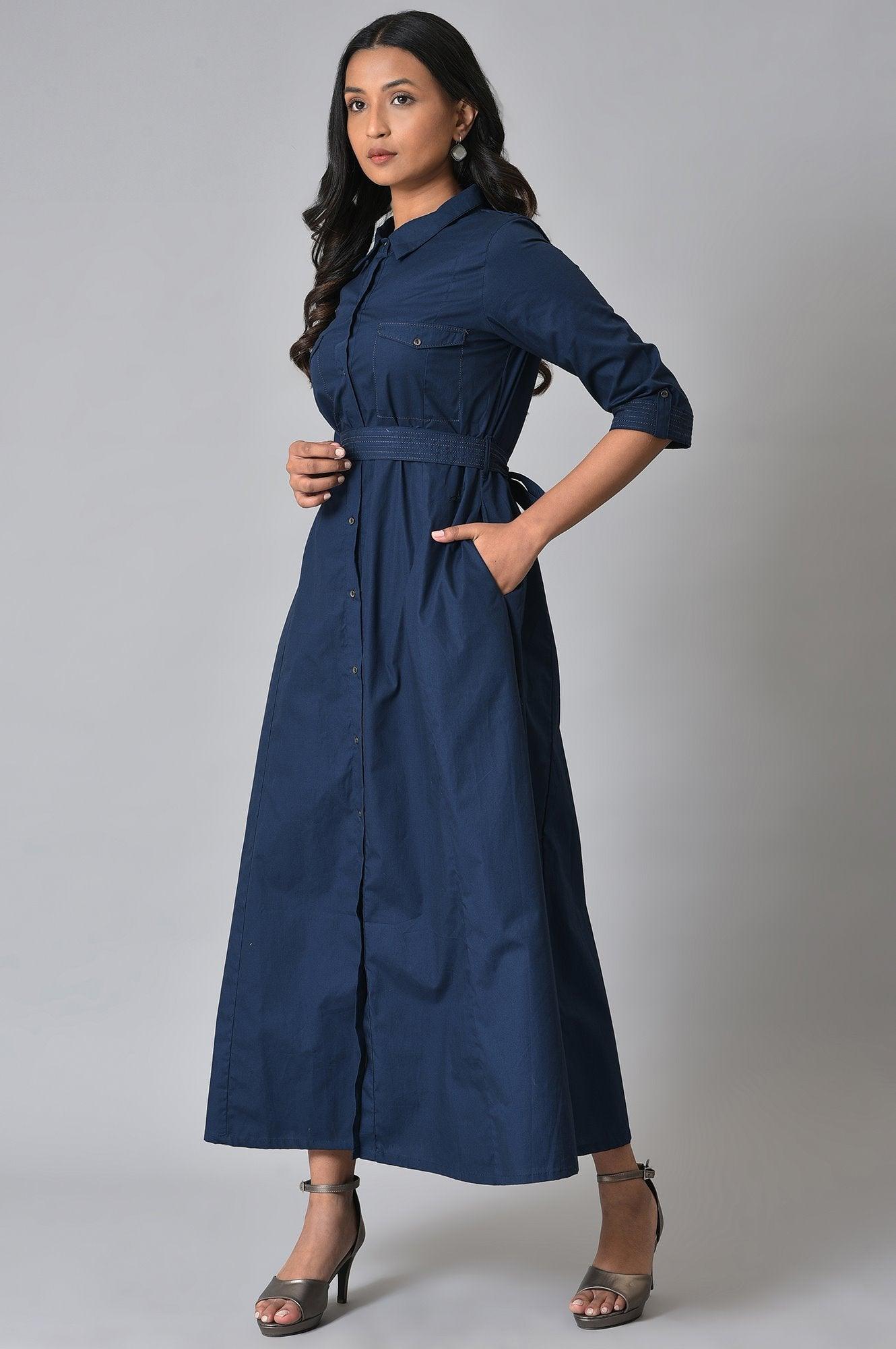 W for Woman Navy Blue Long Shirt Western Dress with Belt for Women